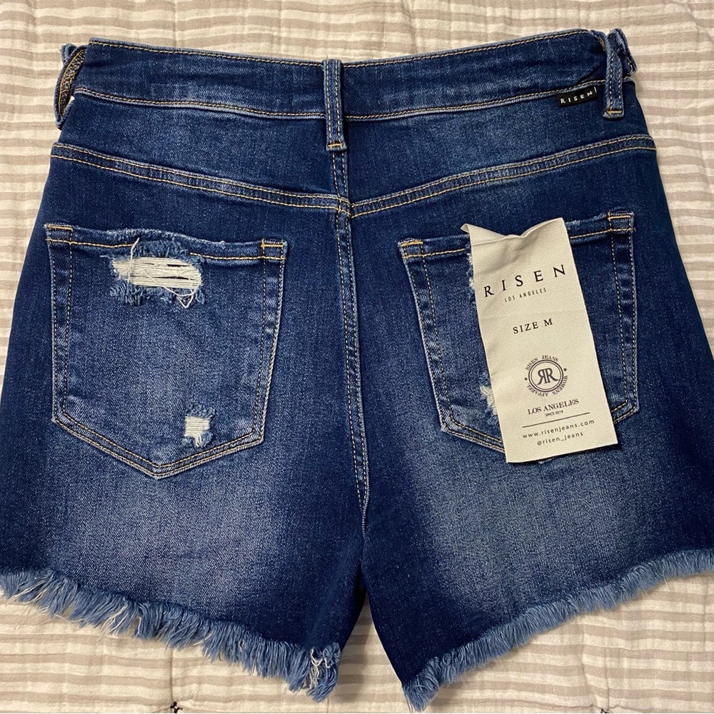 Tummy Control High-Rise Distressed Denim Shorts - Dark Blue - Picture 2 of 2